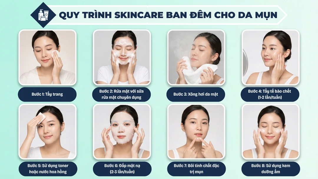 routine chăm sóc da mụn ban đêm